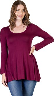 24seven Comfort Apparel Long Sleeve Solid Color Swing Style Flared Tunic Top