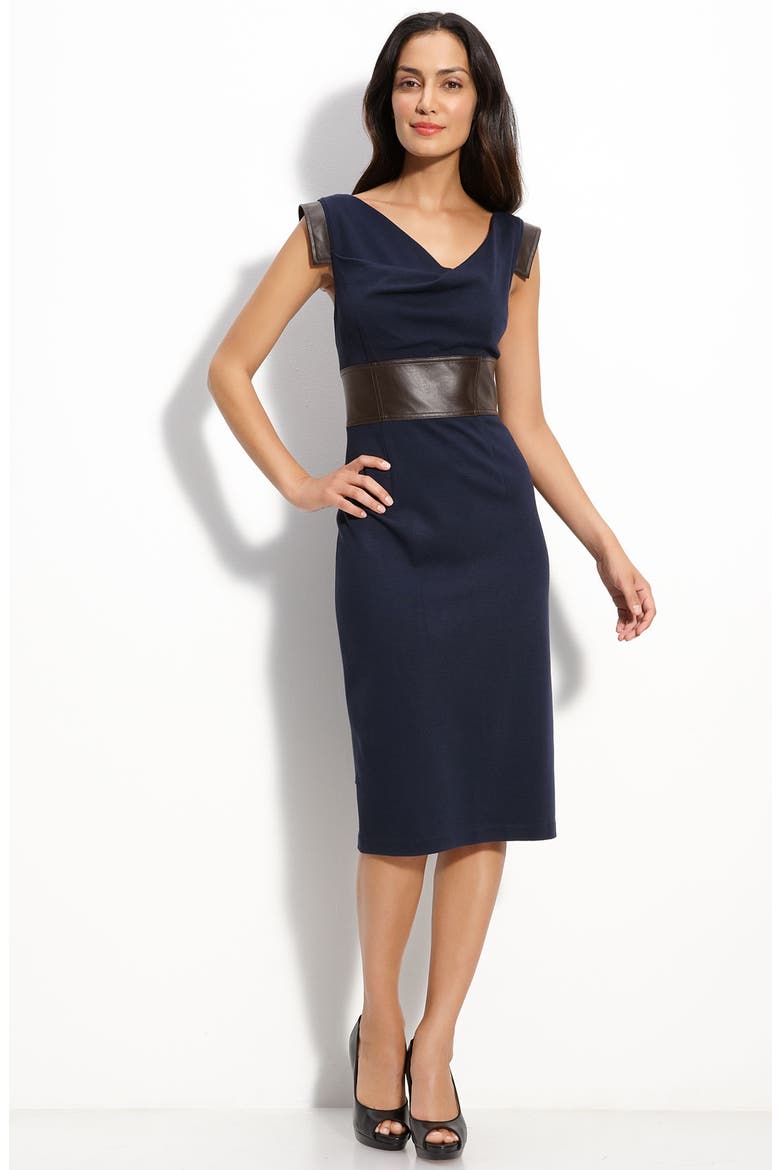 Ponte Knit Sheath Dress with Faux Leather Trim, Main, color, NAVY