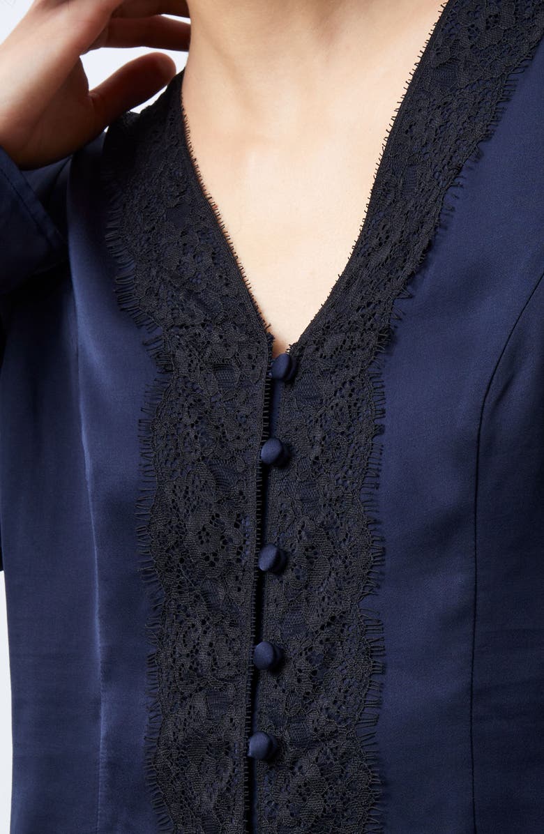 French Connection Ennis Lace Trim Satin Button-Up Top, Alternate, color, Marine-Black