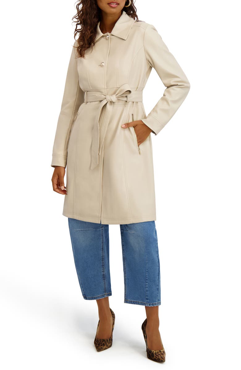 Kensie Belted Faux Leather Trench Coat, Main, color, Stone