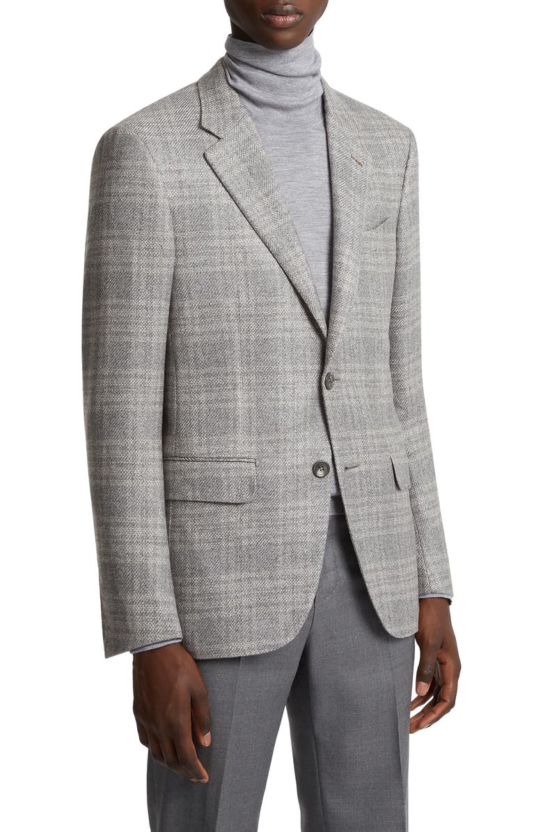 ZEGNA Couture Tonal Plaid Stretch Cashmere, Silk & Wool Sport Coat, Main, color, Light Grey