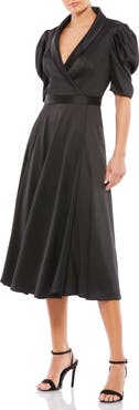 Mac Duggal Satin Lapel Puff Sleeve Tea Length Dress
