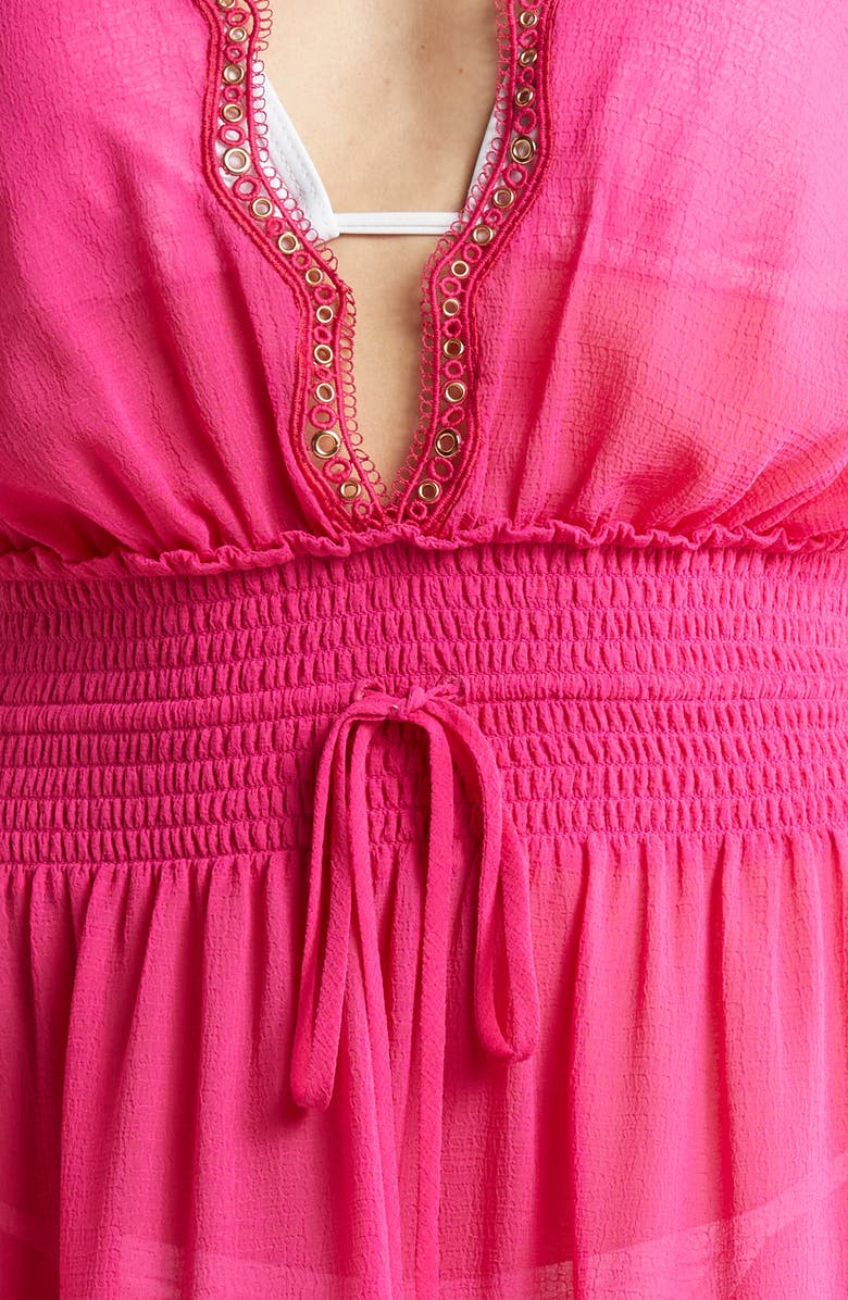 Ramy Brook Virginia Smocked Waist Cover-Up Minidress, Alternate, color, Perfect Pink