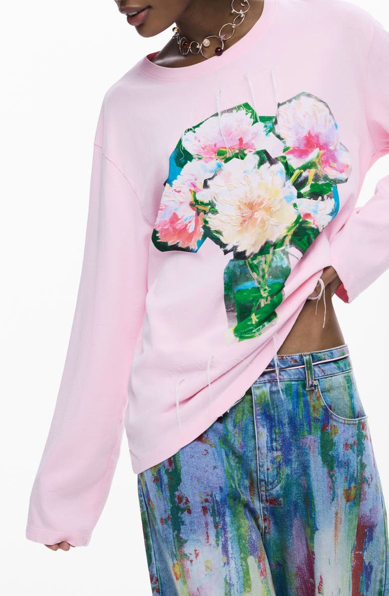 Desigual Floral Long Sleeve Cotton Graphic T-Shirt, Alternate, color, Pink