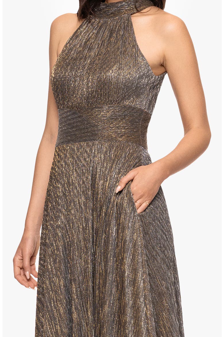 Halter Neck Sleeveless Crinkled Metallic A-Line Gown, Alternate, color, MOCHA/ GOLD