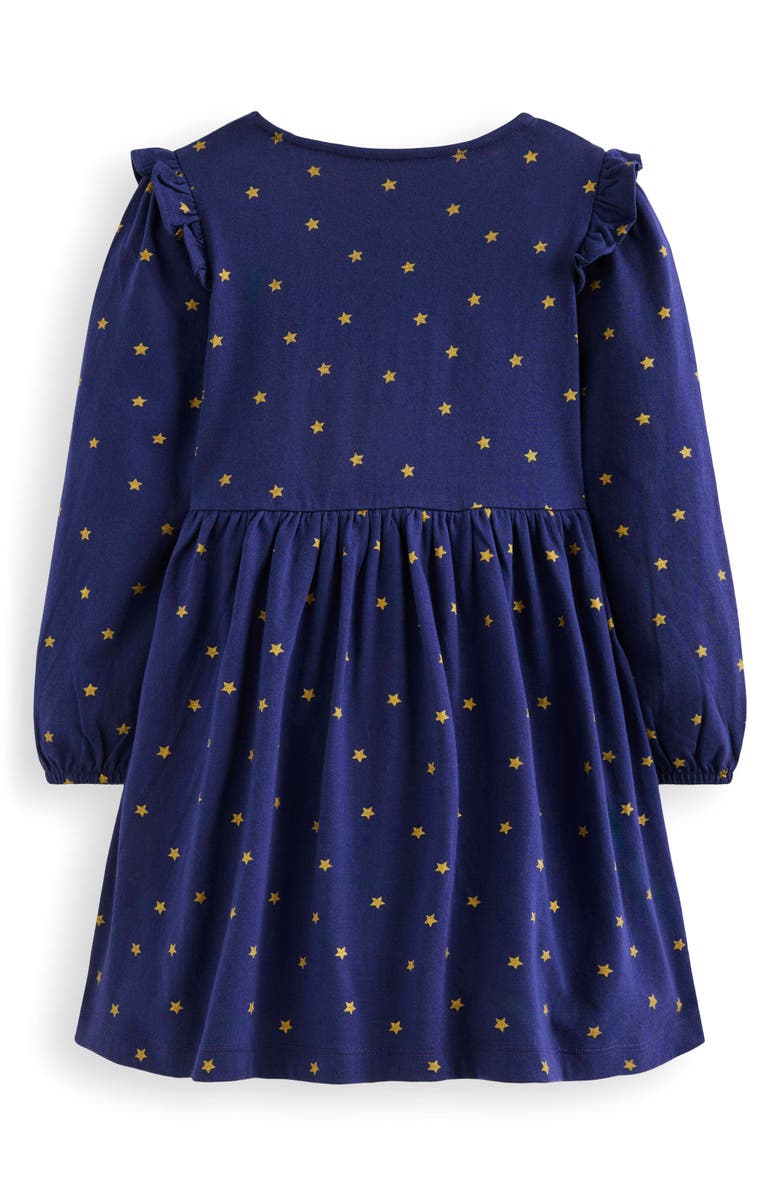Mini Boden Kids' Embroidered Ruffle Appliqué Long Sleeve Cotton Jersey Dress, Alternate, color, College Navy Animals