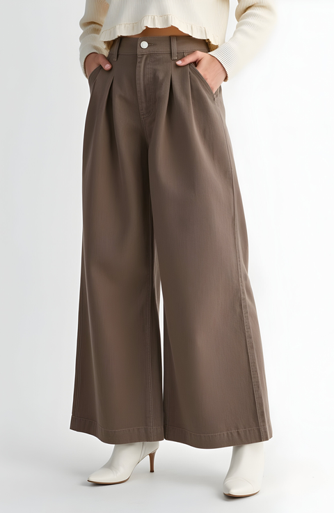 High-Waist Wide-Leg Front-Pleated Side-Pocket Pants