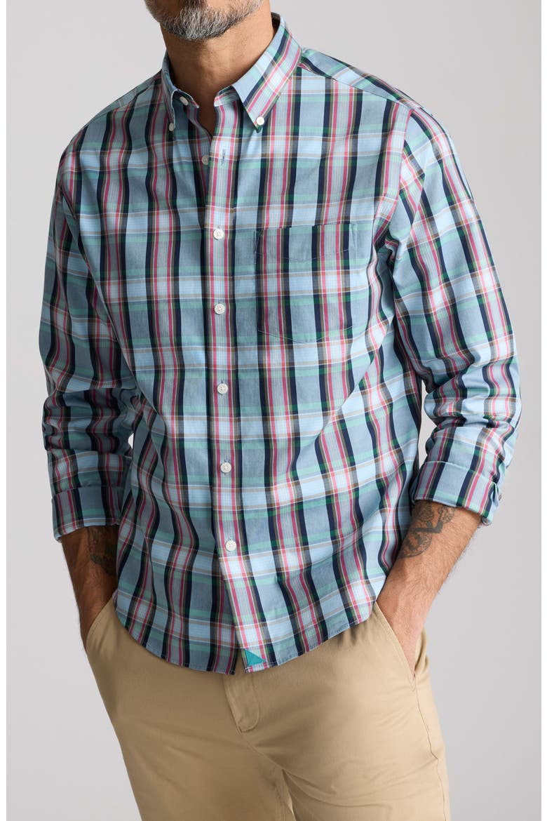 Plaid Wrinkle Free Cotton Button-Down Shirt, Main, color, BLUE