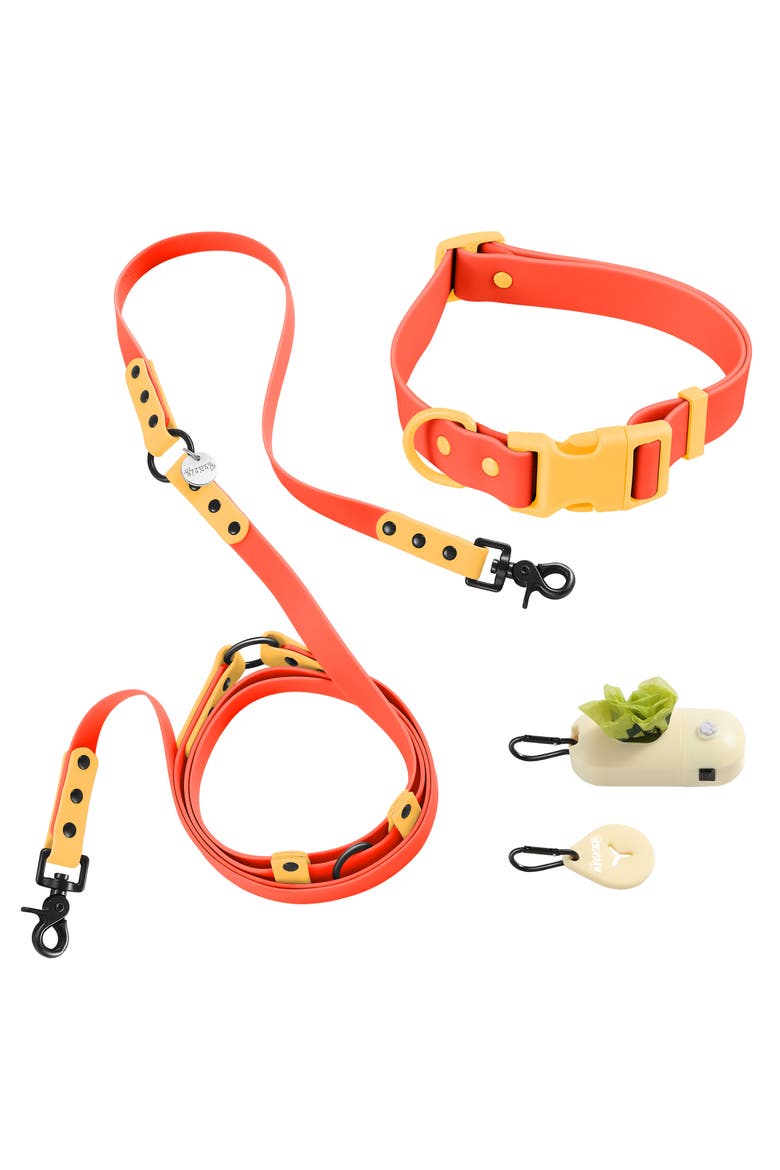 Luna Adjustable 6-in-1 Waterproof Hands-Free Leash and Collar with LED Flashlight, Bag Dispenser, and Poop Bag Holder, Main, color, Dark Orange/Light Orange