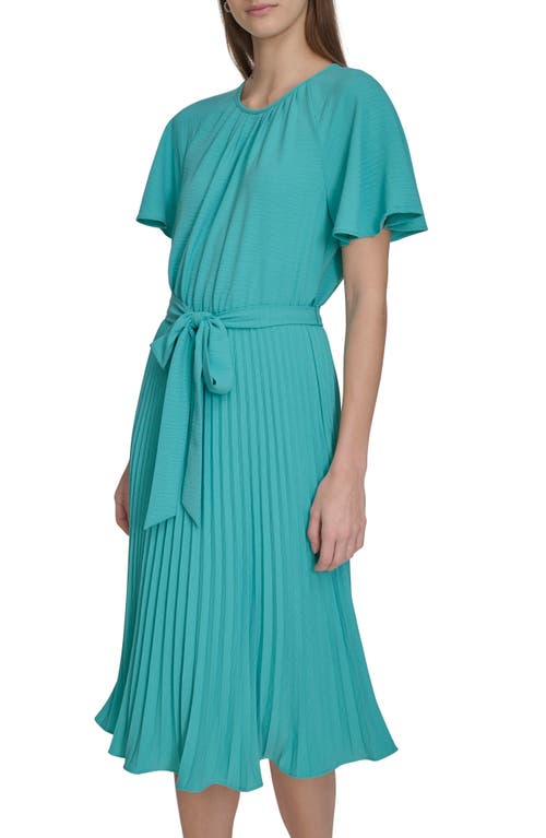 Calvin Klein Aerowash Flutter Sleeve Pleated Dress In Lake