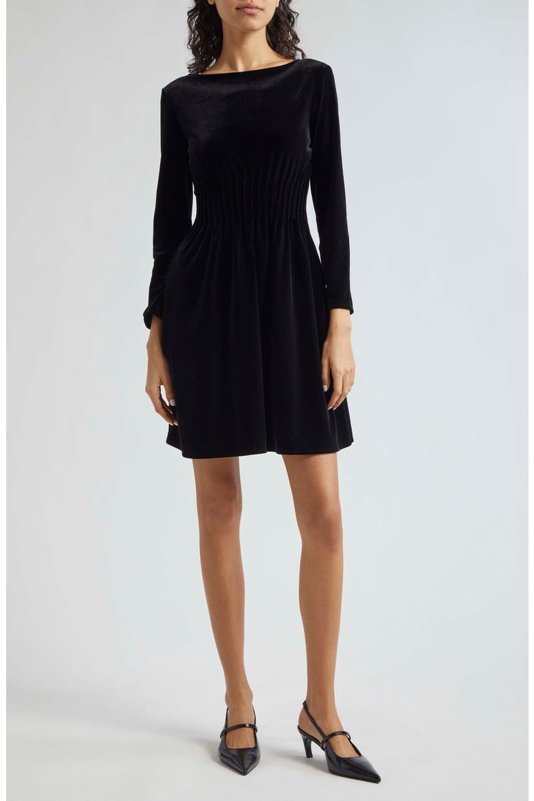 Cinched Waist Long Sleeve Velvet Dress, Main, color, SOLID BLACK