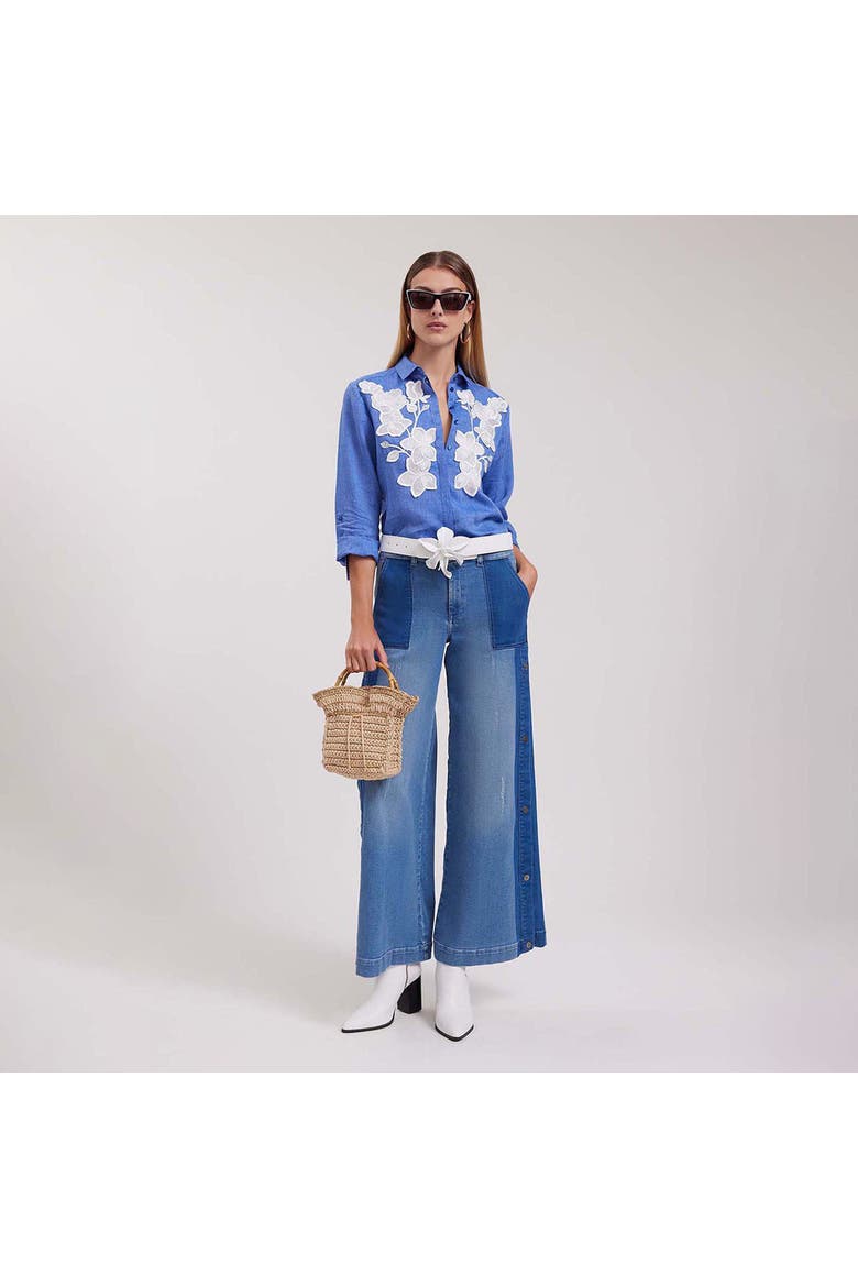 Women's Shirt  Citron Blue Linen Shirt With White Floral Applique, Alternate, color, Denim Blue