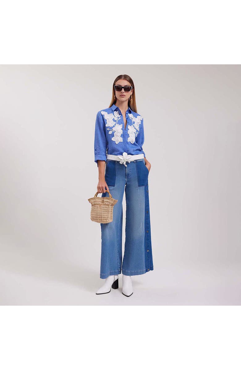 Anne Fontaine Women's Shirt Citron Blue Linen Shirt With White Floral Applique, Alternate, color, Denim Blue