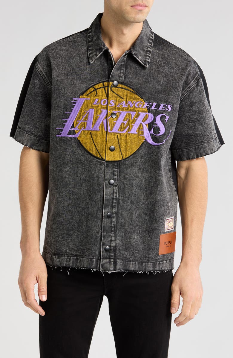 PURPLE BRAND x NBA LA Lakers Short Sleeve Snap-Up Shirt, Main, color,