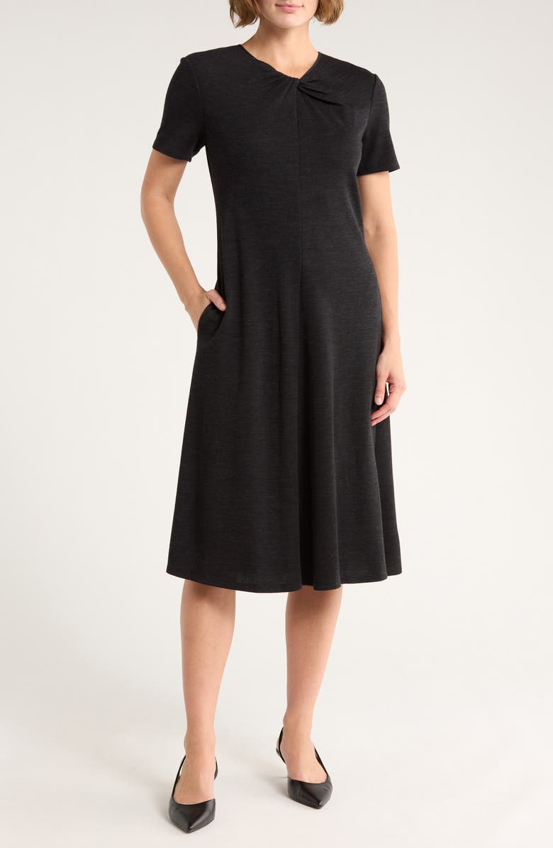 Theory Twisted Midi Fit & Flare Dress, Main, color, Black Melange