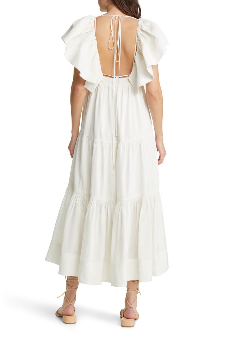 Ruffle Shoulder Open Back Linen Blend Midi Dress, Alternate, color, IVORY