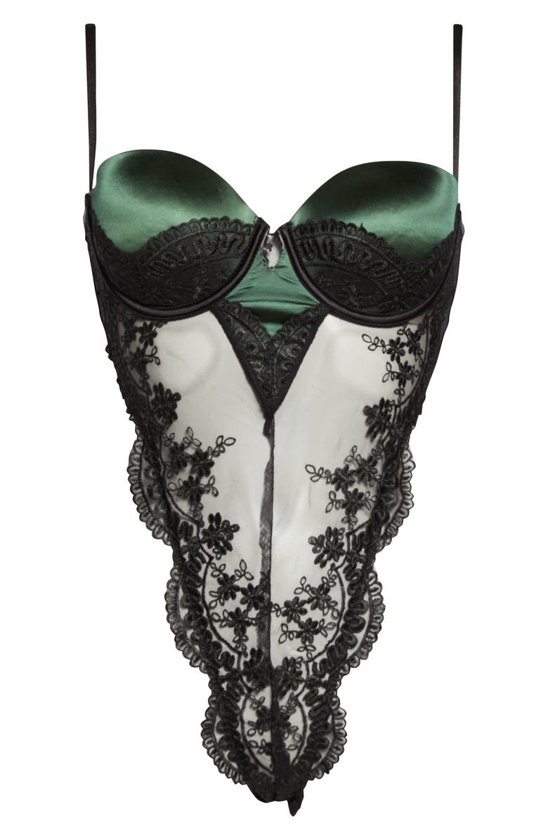 Oh La La Cheri Paulette Lace Trim Satin Thong Bodysuit, Alternate, color, 