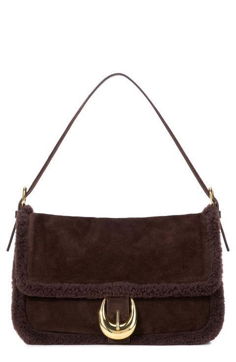 Medium Harlow Suede Shoulder Bag with Faux Shearling Trim