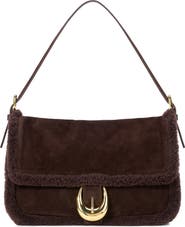 STAUD Medium Harlow Suede Shoulder Bag with Faux Shearling Trim