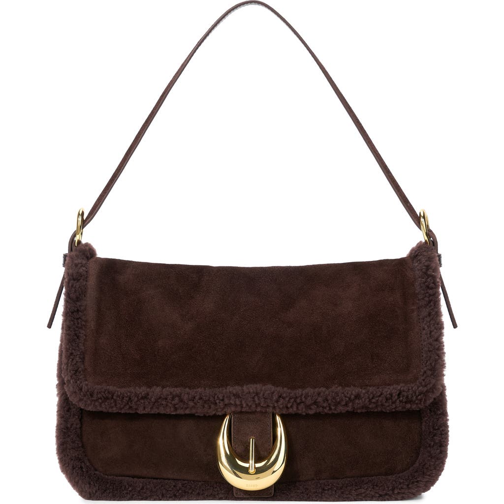 Staud Medium Harlow Suede Shoulder Bag With Faux Shearling Trim In Brown