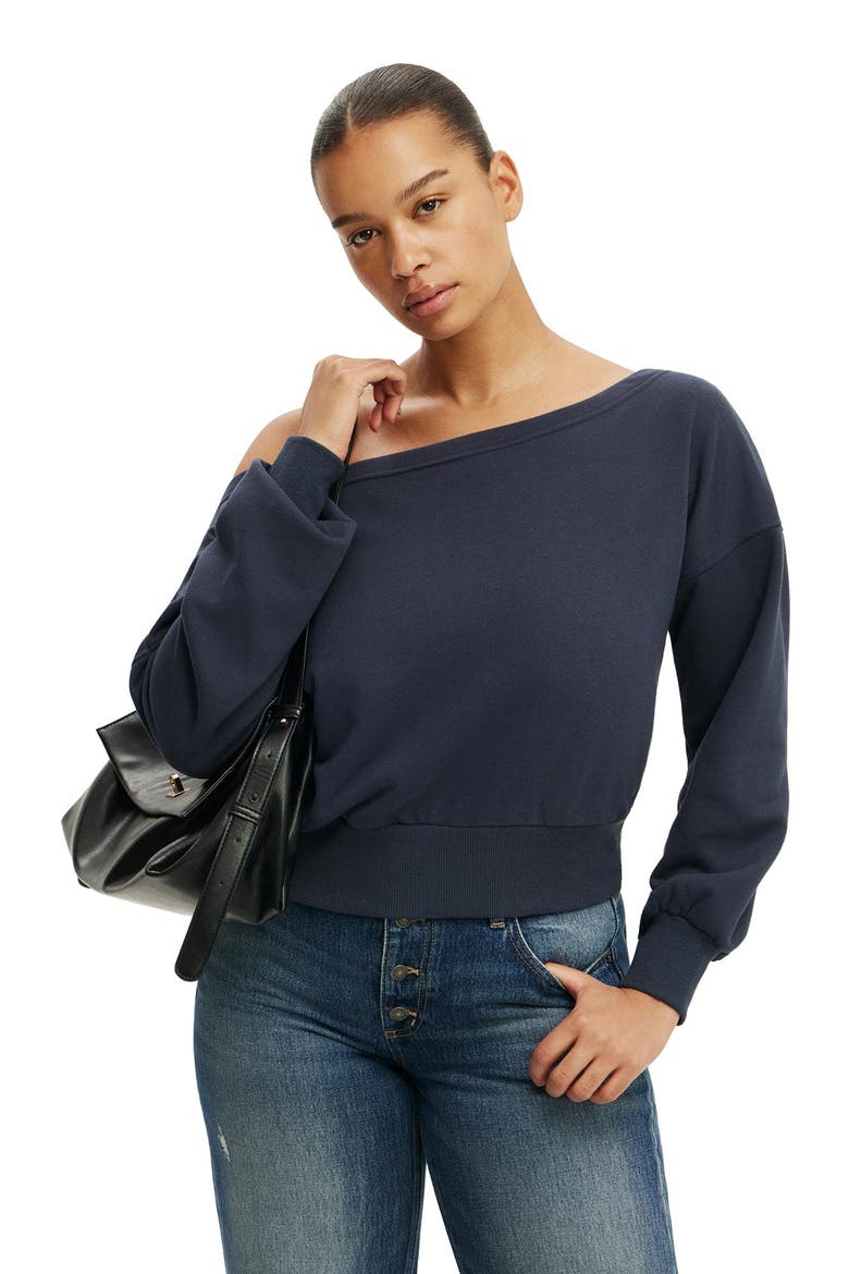 Women's Relaxed Off Shoulder Sweatshirt, Alternate, color, Shadow Navy