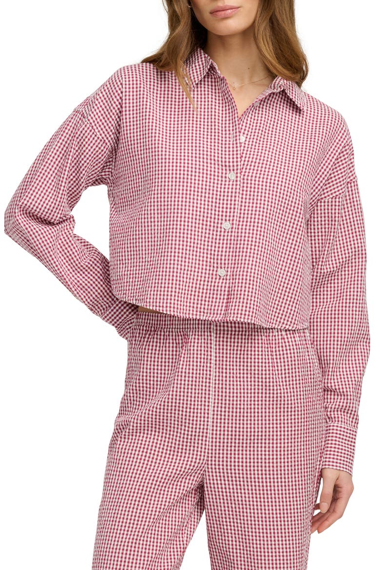 Crop Cotton Gingham Button-Up Shirt, Main, color, RASPBERRY/ WHITE