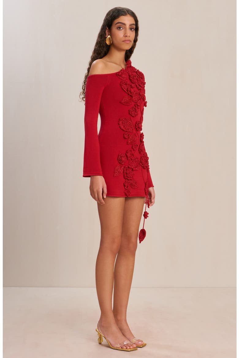 Kaela Floral Appliqué One-Shoulder Long Sleeve Sweater Minidress, Alternate, color, MERLOT
