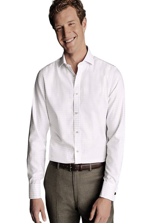 Charles Tyrwhitt Men's Non-iron Clifton Weave Check Cutaway Slim Fit Shirt Double Cuff In Silver Grey