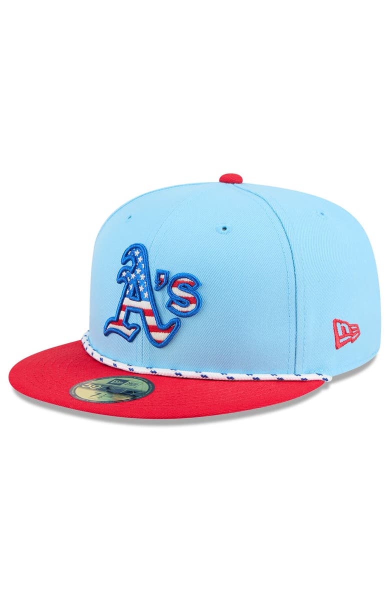 New Era Men's New Era Light Blue/Red Athletics 2025 Fourth of July 59FIFTY Fitted Hat, Main, color, Light Blue