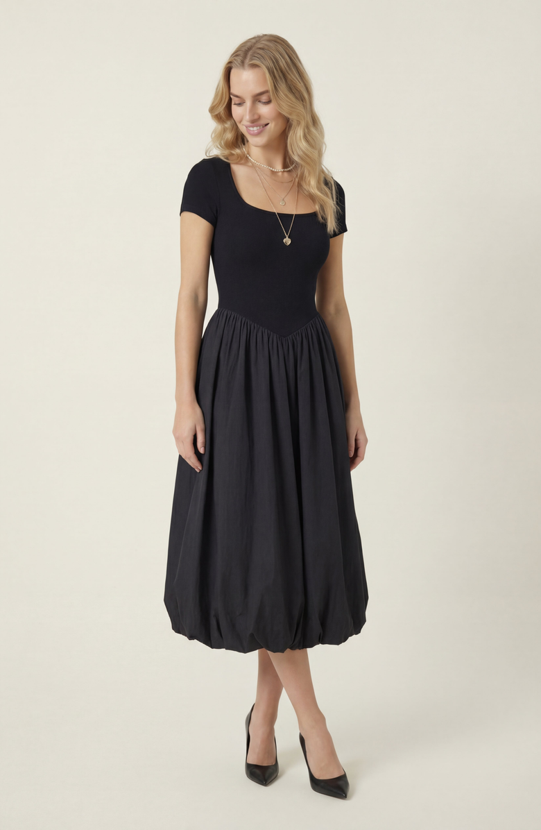 Modenaire Short Sleeve Bubble Hem Midi Dress, Alternate, color, Black