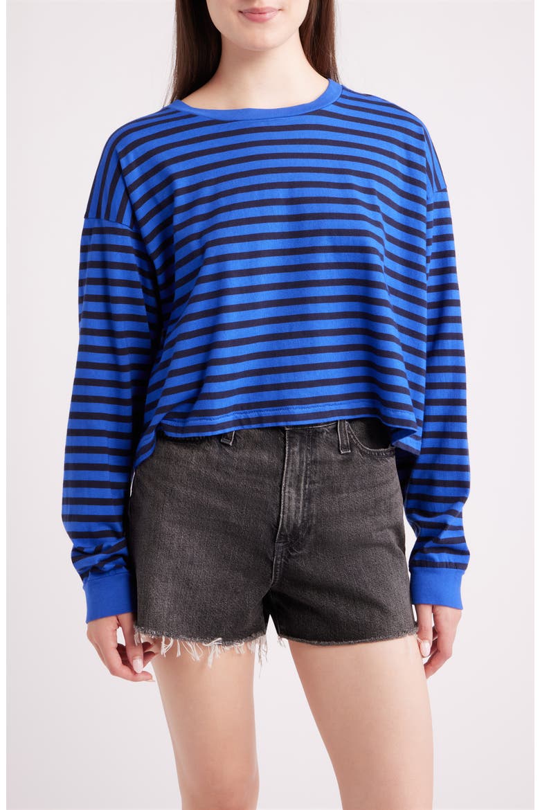 Meet n Greet Striped Long Sleeve Cropped T-Shirt, Main, color, ULTRA MARINE STRIPE