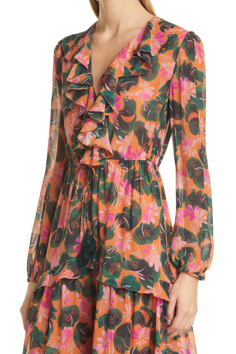 Yara Floral Long Sleeve Midi Dress, Alternate, color, ORANGE LILYPAD