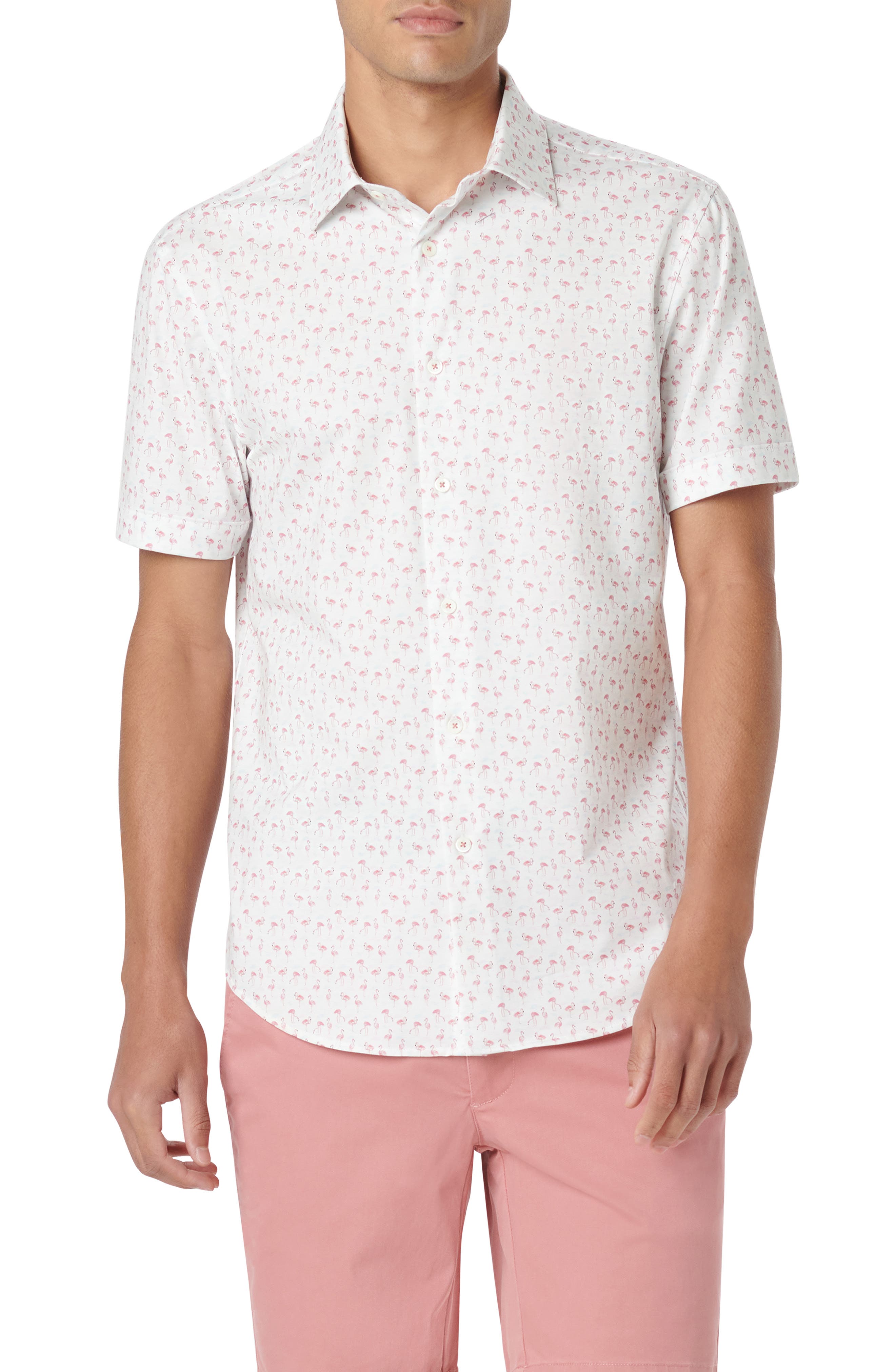 Bugatchi Miles OoohCotton® Flamingo Print Short Sleeve Button-Up Shirt