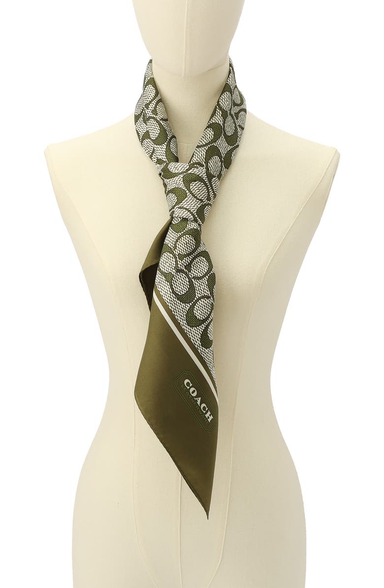 COACH Textured Signature Logo Square Silk Scarf, Alternate, color, Olive