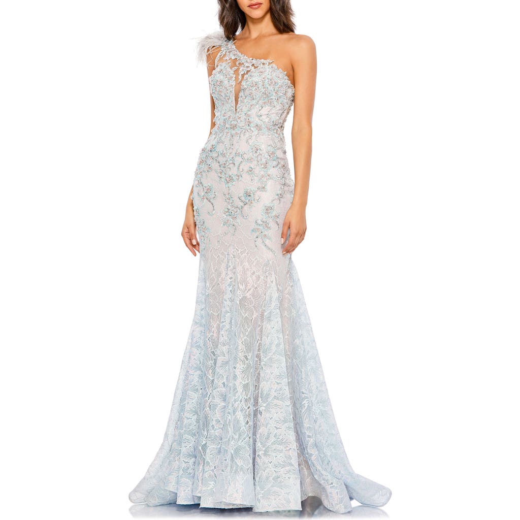 Mac Duggal Beaded Feather Detail One-shoulder Mermaid Gown In Crystal Blue