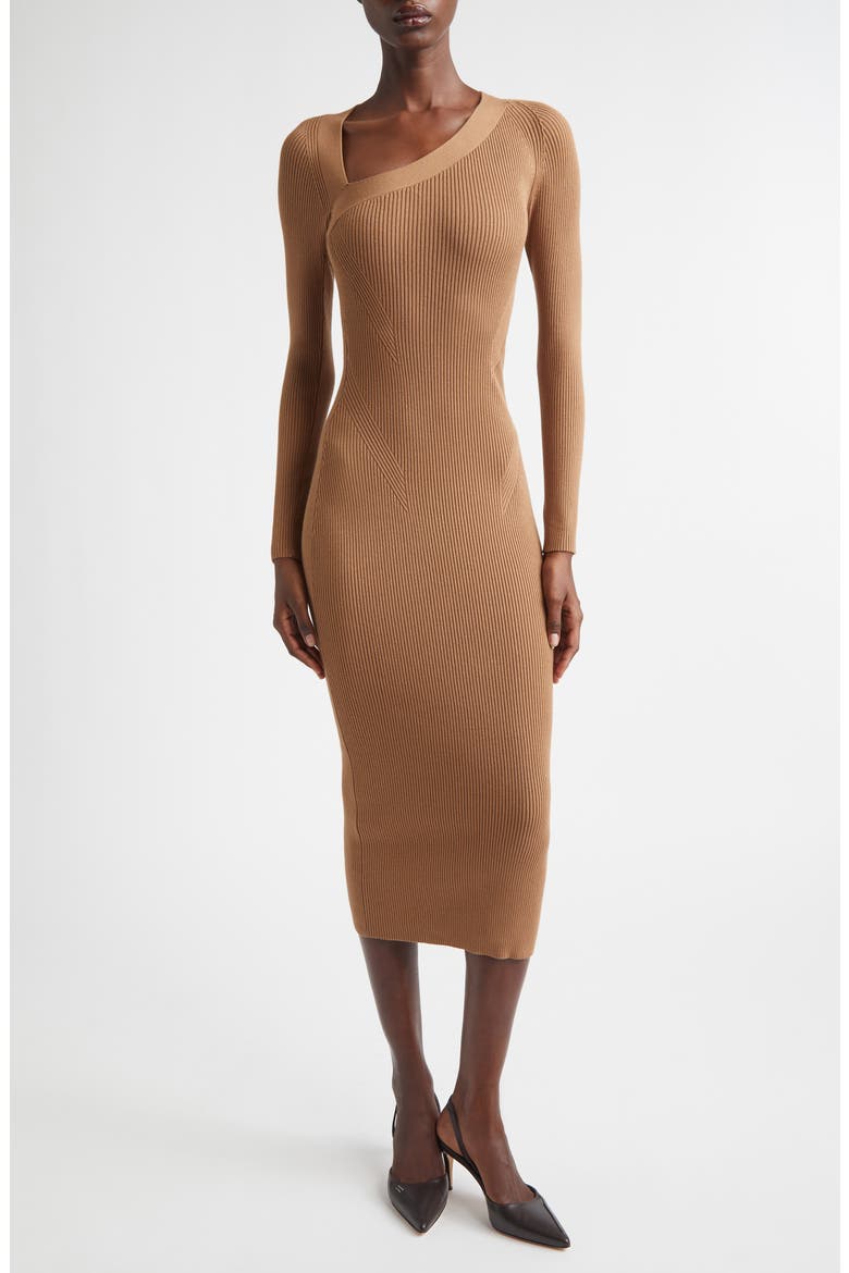 Zeta Asymmetric Neck Long Sleeve Dress, Main, color, CAMEL