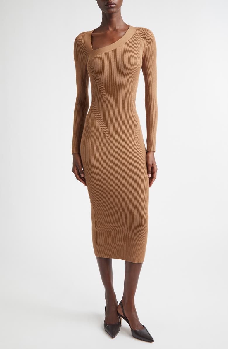 Reiss Zeta Asymmetric Neck Long Sleeve Dress, Main, color, Camel