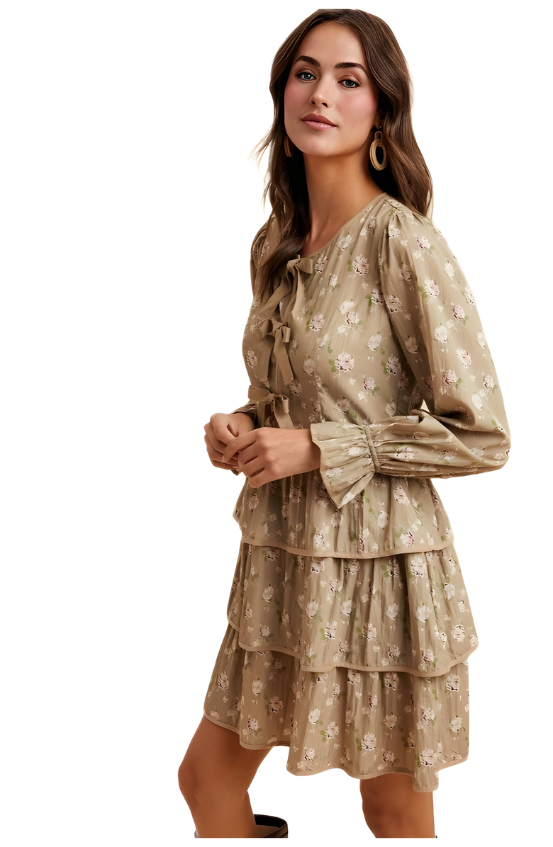 Knit and Lounge Floral Tiered Mini Dress with Bow Detail, Alternate, color, Taupe Floral