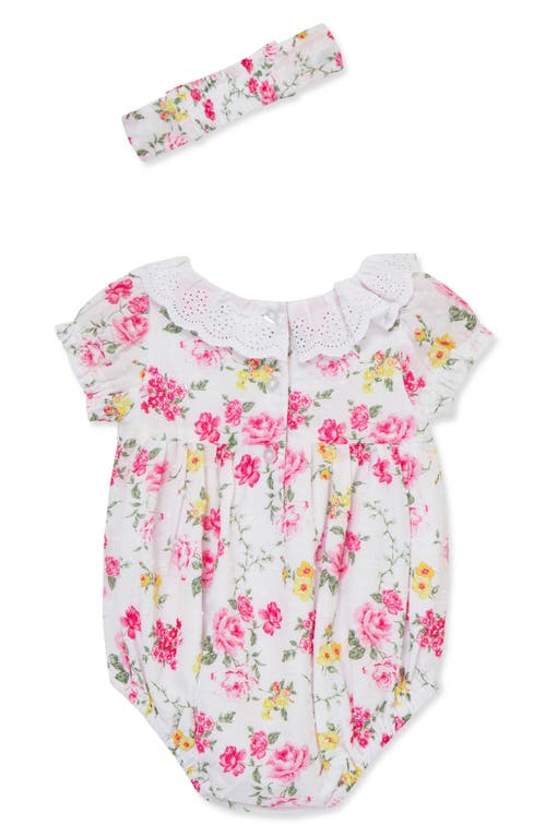 Little Me Rose Print Cotton Bubble Romper & Headband Set In Rose