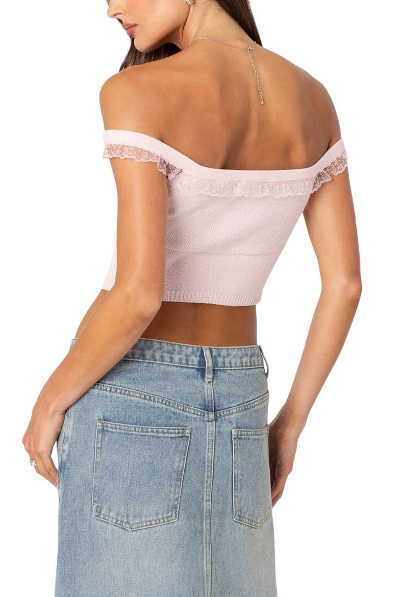Lace Trim Off the Shoulder Knit Cotton Crop Top, Alternate, color, LIGHT-PINK