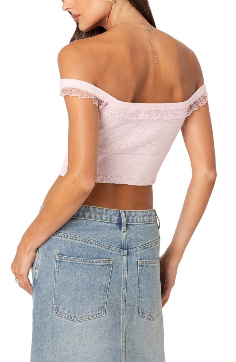 EDIKTED Lace Trim Off the Shoulder Knit Cotton Crop Top, Alternate, color, Light-Pink