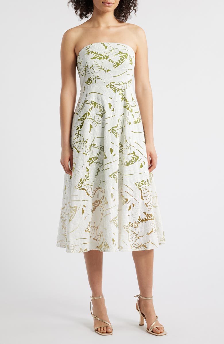 Sam Edelman Palm Jacquard Strapless Midi Dress, Main, color,