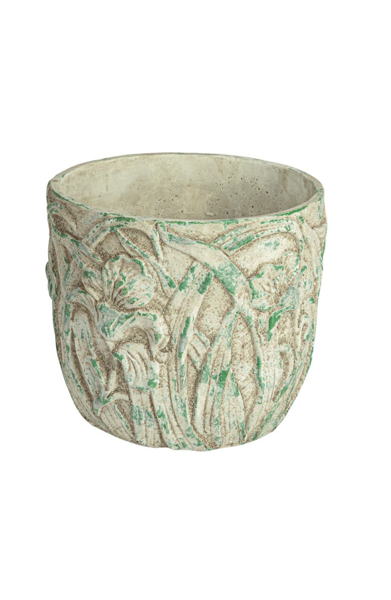 Storied Home Embossed Floral Cement Planter, Main, color, Green