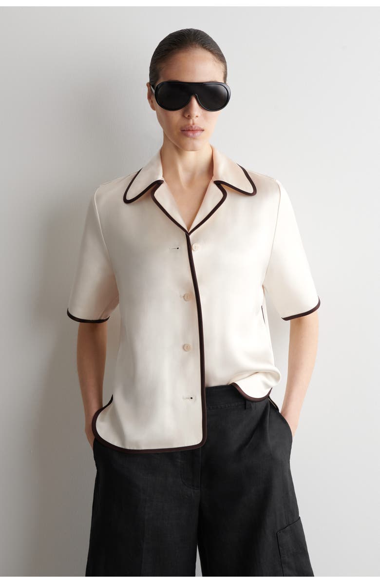 COS Contrast-piped Satin Shirt, Main, color, Cream / Brown