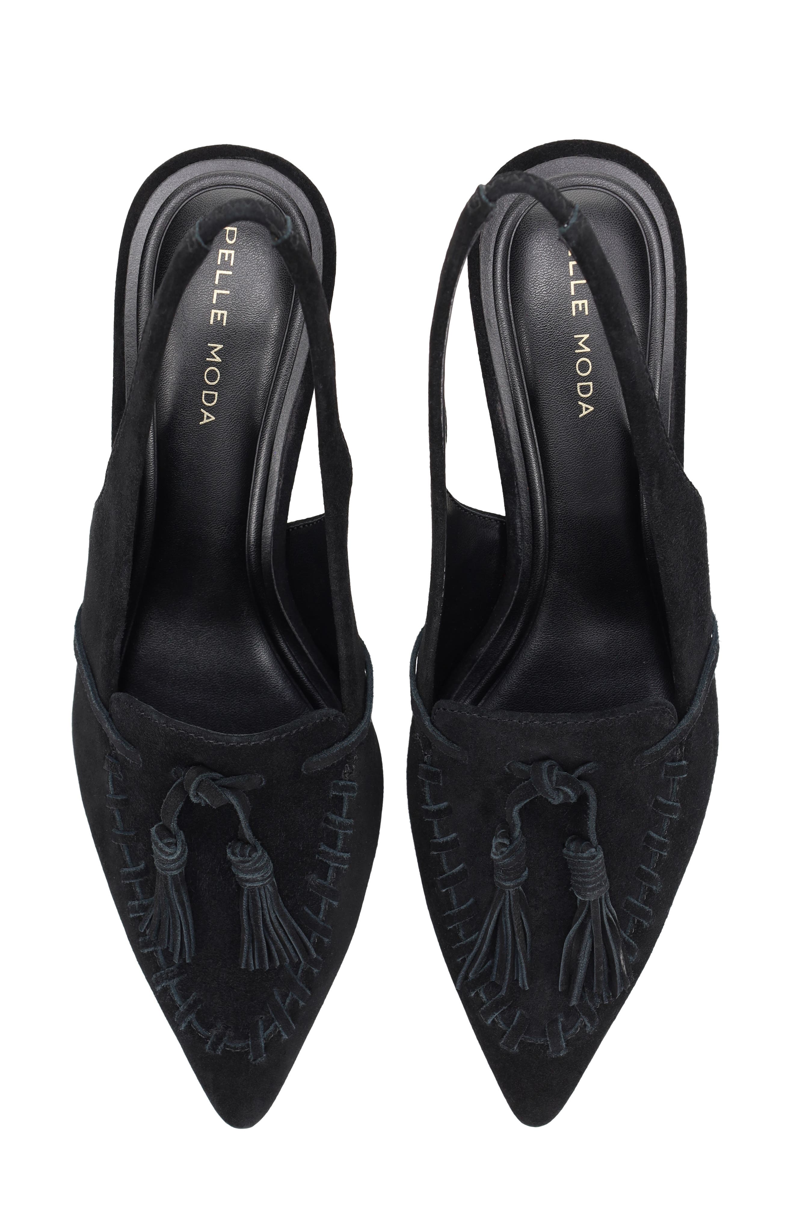 Kesia Slingback Pointed Toe Kitten Heel Tassel Loafer Pump, Alternate, color, BLACK