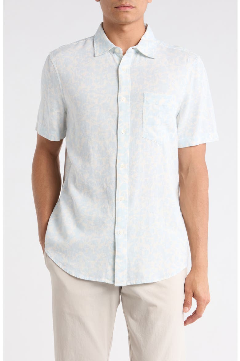 Short Sleeve Linen Blend Button-Up Shirt, Main, color, BLUE LINEWORK FLORAL