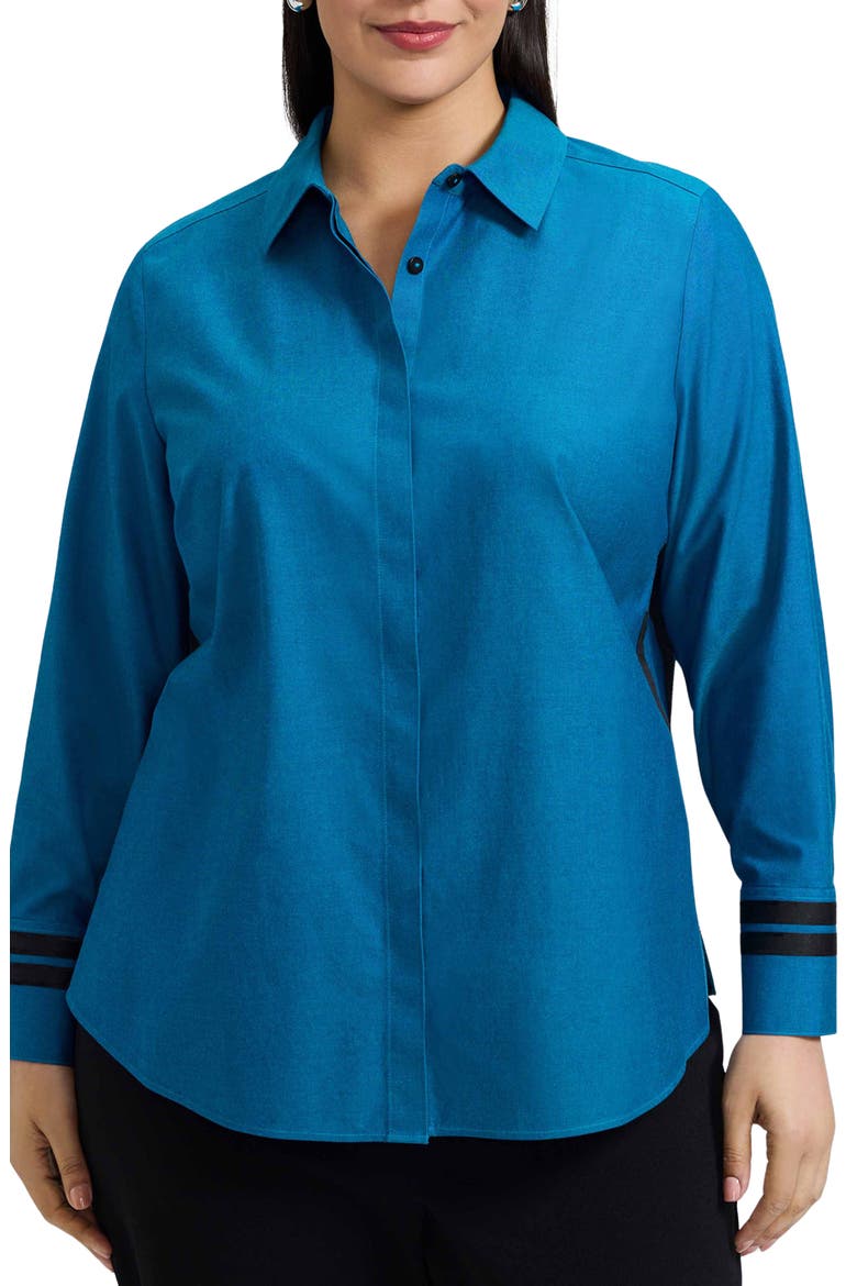 Brooke Non-Iron Grosgrain Trim Cotton Button-Up Shirt, Main, color, TEAL BLUE/ GREEN