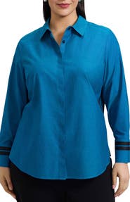 Foxcroft Brooke Non-Iron Grosgrain Trim Cotton Button-Up Shirt