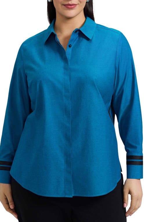 Foxcroft Brooke Grosgrain Trim Cotton Button-up Shirt In Blue