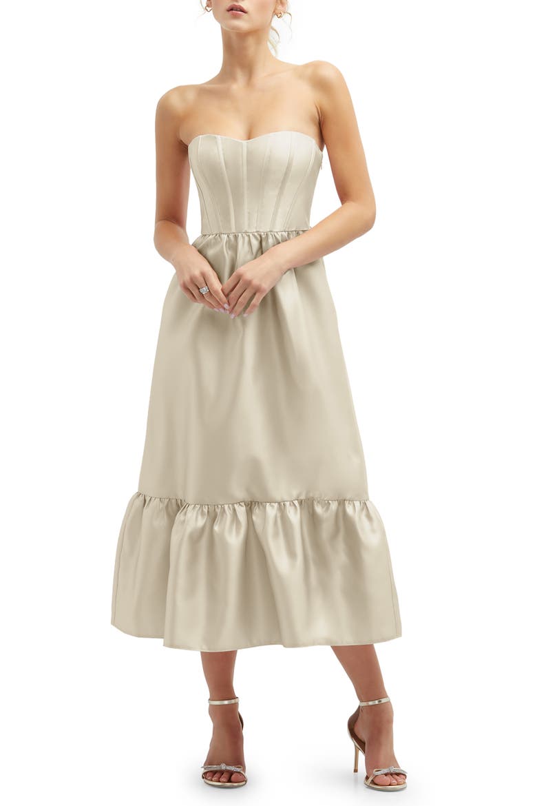 Corset Ruffle Hem Strapless Satin Midi Dress, Main, color, CHAMPAGNE